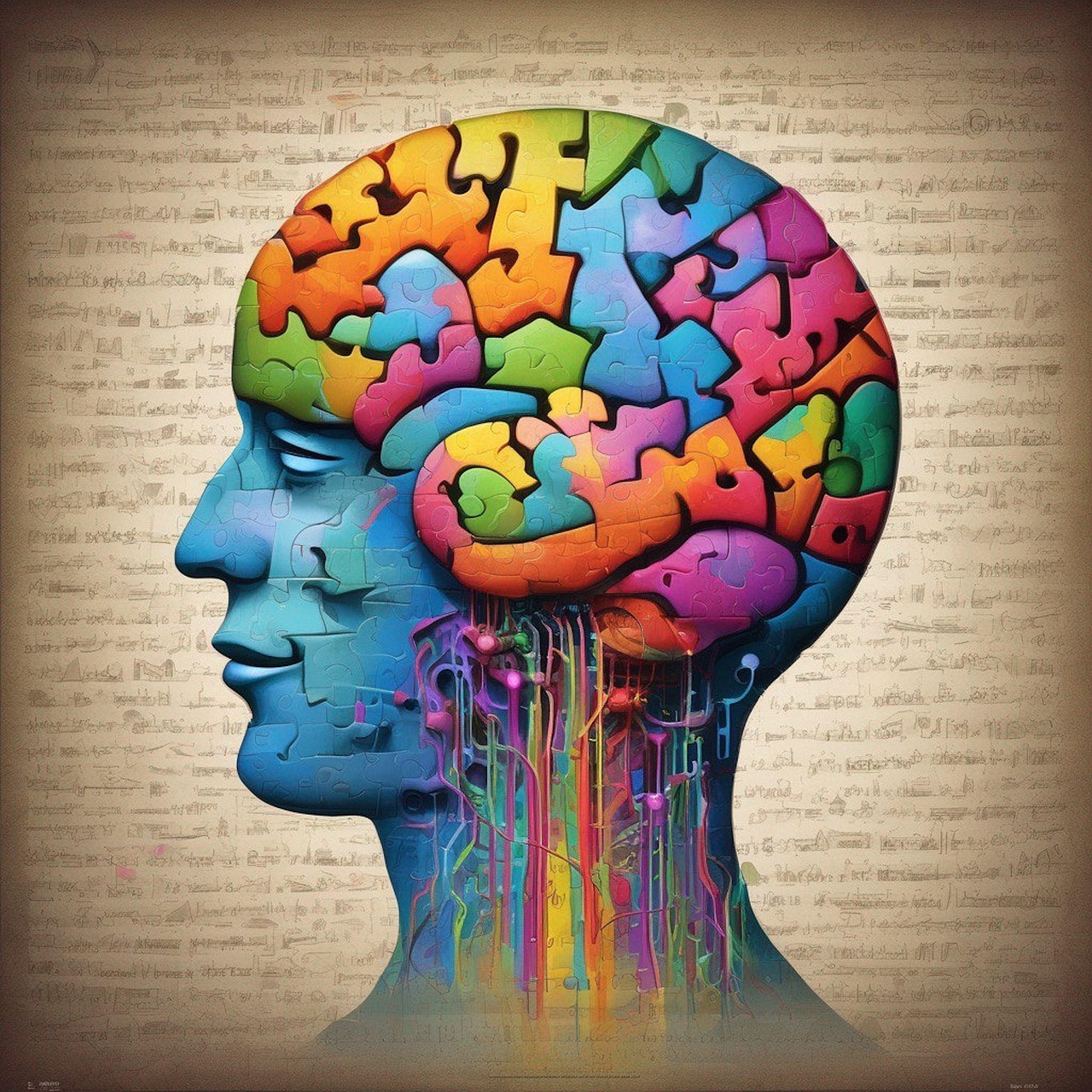 ai generated, human, brain, jigsaw, thoughts, analysis, colors, colorful, puzzle, poster, digital art, ideas, artificial intelligence
