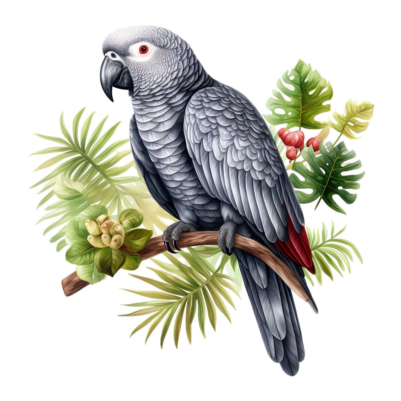 generato dall'ai, pappagallo, uccello, grigio, animale, piume, la pittura, esotico, tropicale, disegno, giungla, animali selvatici, safari, zoo, africa, colorato, scrapbooking, arte digitale, natura, ritratto