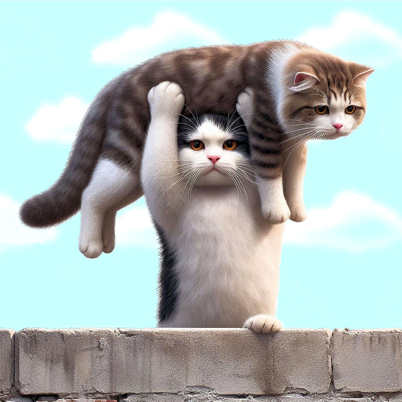humor, katzen, blauer himmel, mauer, emotional, neutrale farben, ärger, menschenähnlich, ai generiert