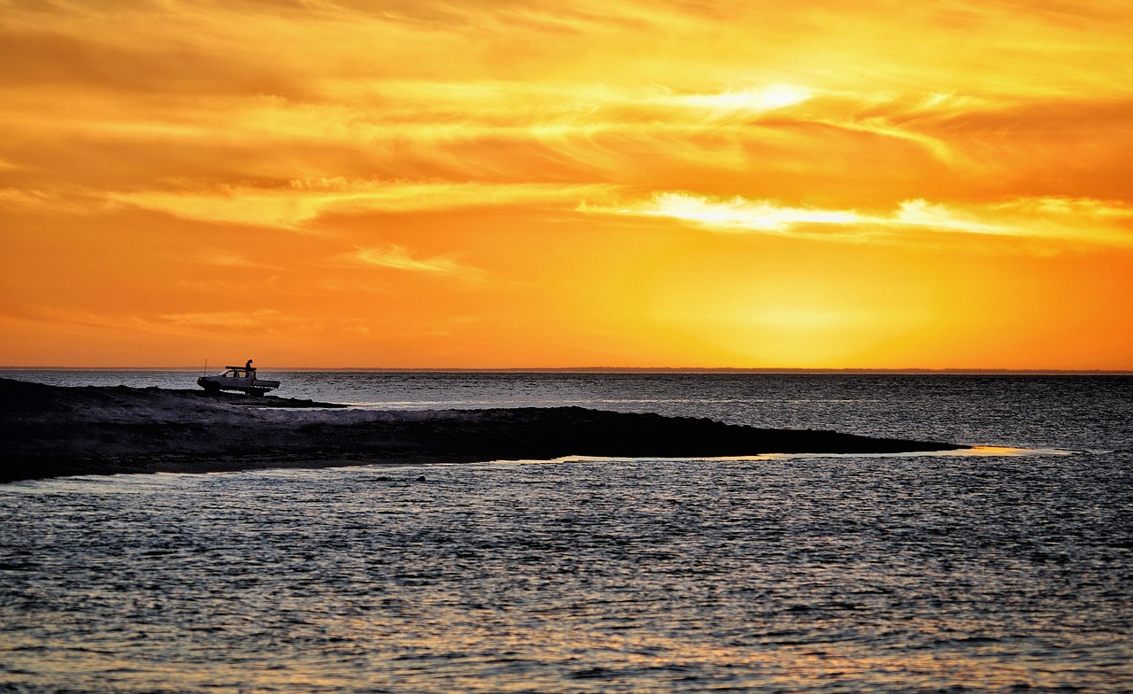 sunset, sea, horizon, fishing, western australia, golden, geographe bay, nature, shire of capel, ocean, indian ocean