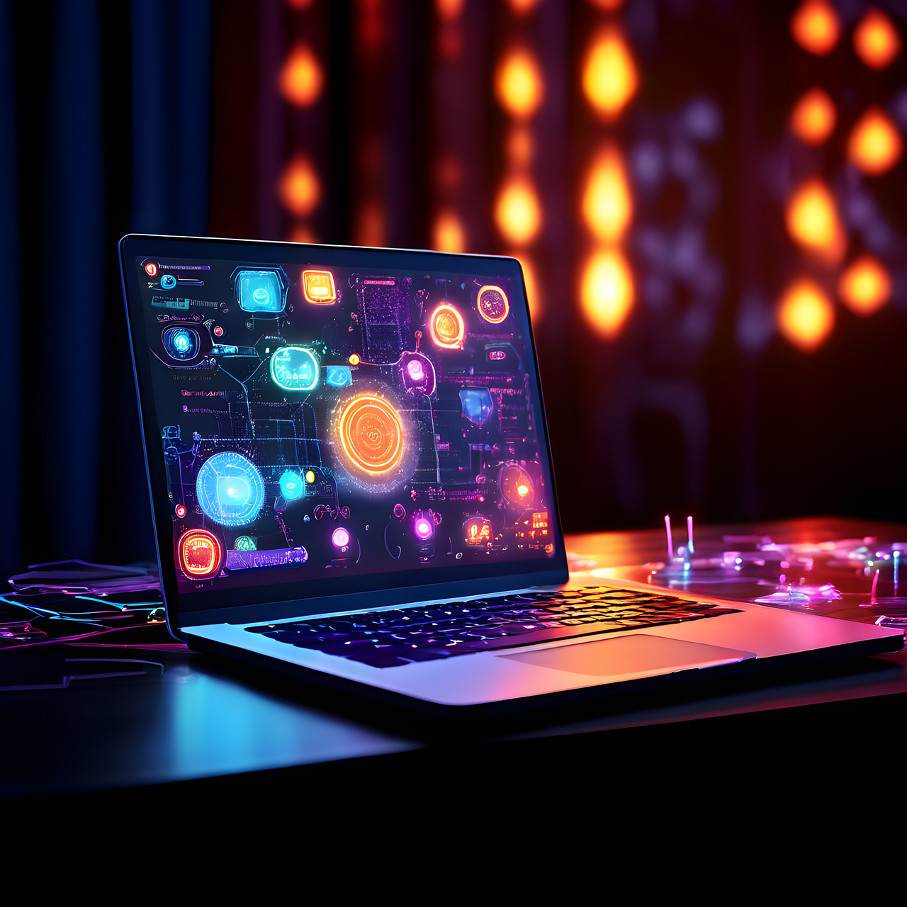 ai generované, notebook, technika, lavice, společnost, digitální, napájení, věda, obrazovka, integrovaný obvod, elektronický