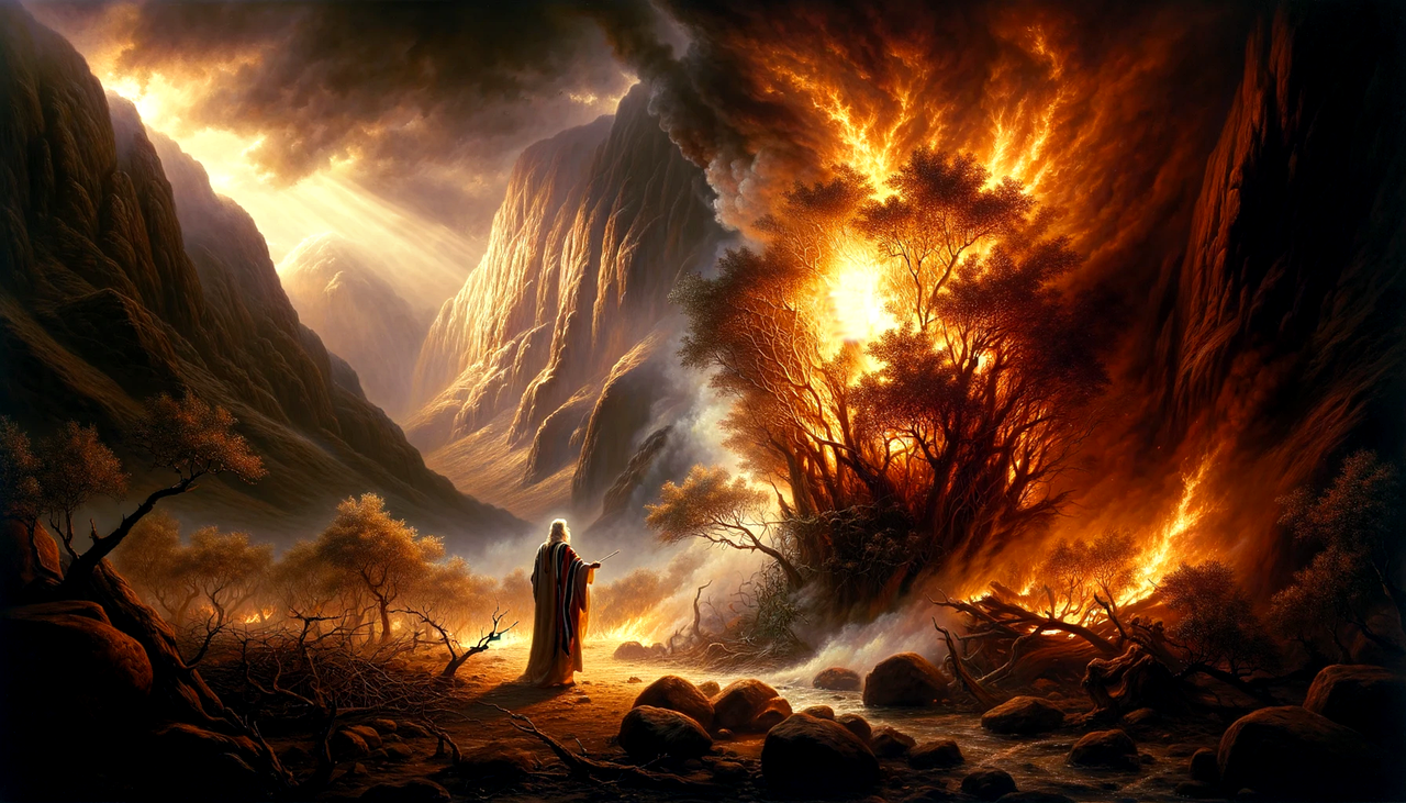 burning bush, holy encounter, moses called, divine flame, sacred fire, god speaks, bush unburned, mount sinai, prophetic vision, eternal flame, moses' mission, divine command, unscathed bush, sinai encounter, ai generated