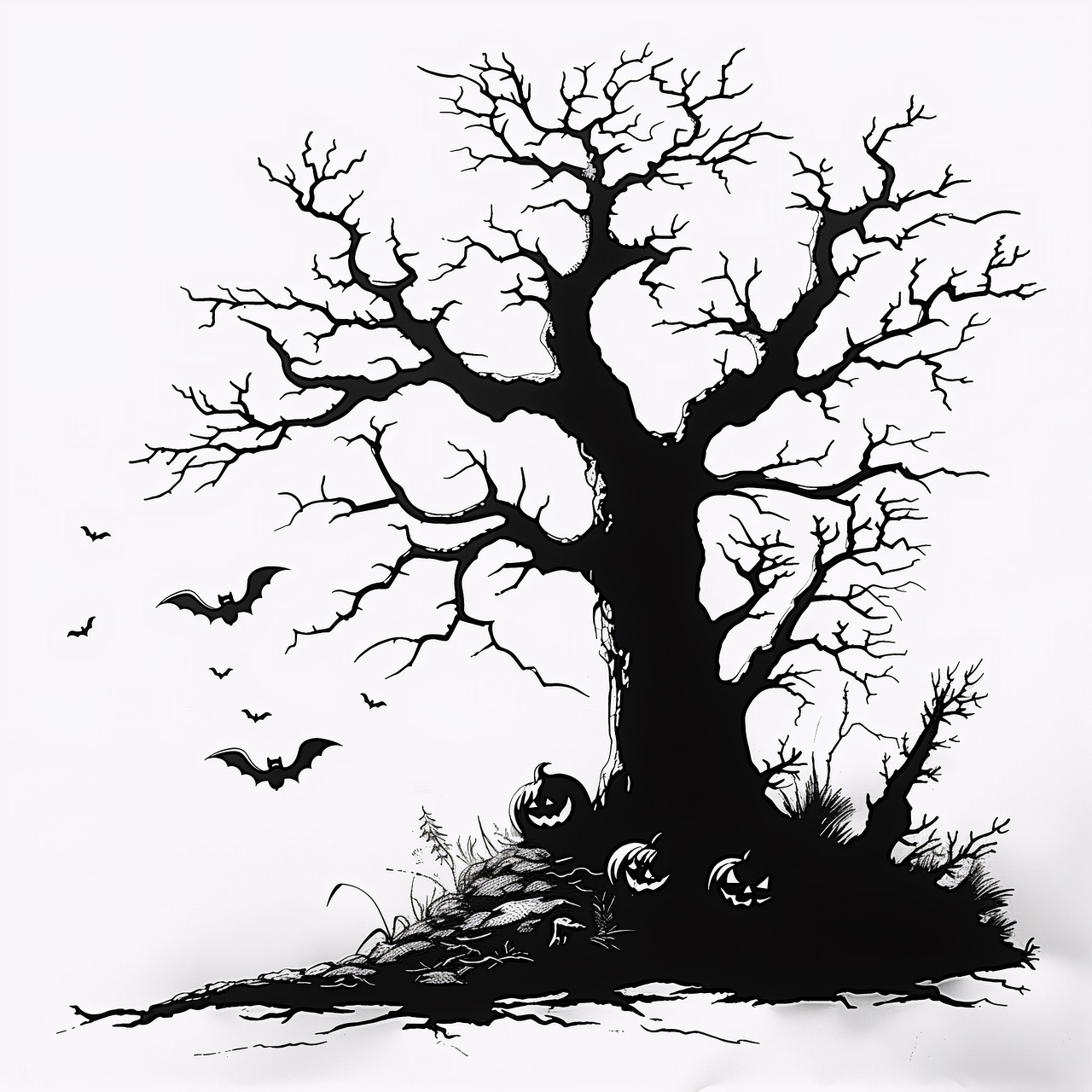 černobílá malba, halloweenský strom, čisté bílé pozadí, snadno vystřihnout, strašidelný, děsivý, minimalistický, černobílý, kontrast, atmosférický, slavnostní, dovolená, sezónní, dekorativní, umělecký, silueta, jednoduchý, dramatický, ai generované