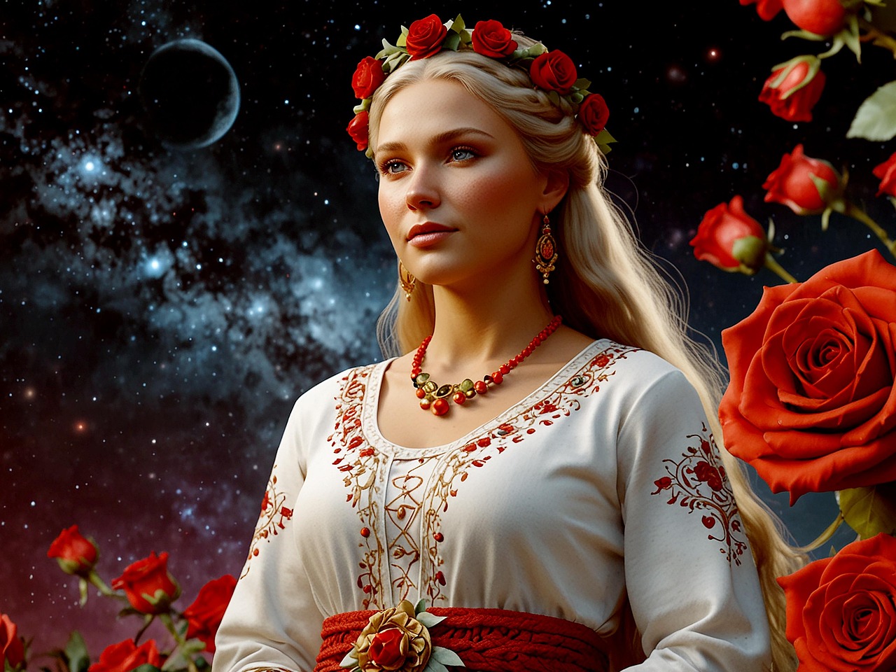 lada, goddess, woman, roses, embroidered shirt, ukraine, wreath, portrait, ai generated