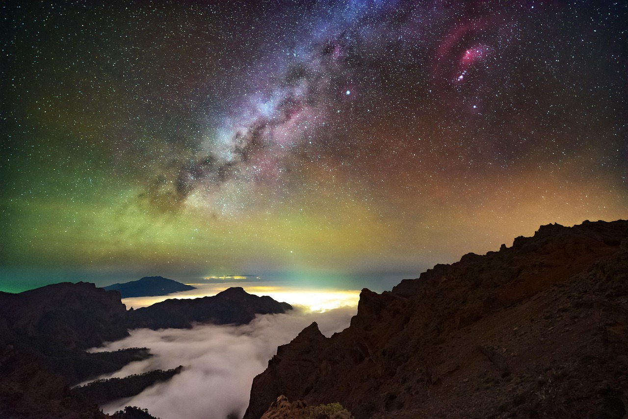 astrolandschaft, galaxis, sterne, astronomie, nacht, draußen, ansicht, aurora