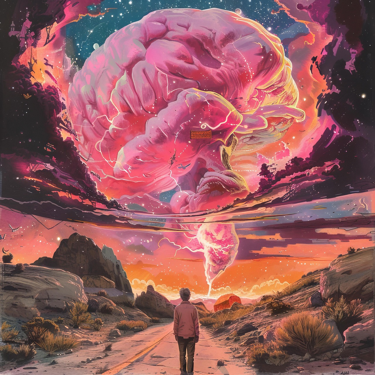 ai generated, man, brain, fantasy, painting, nature, creativity, imagination, ideas, inspiration, contemplation, human brain, clouds, sky