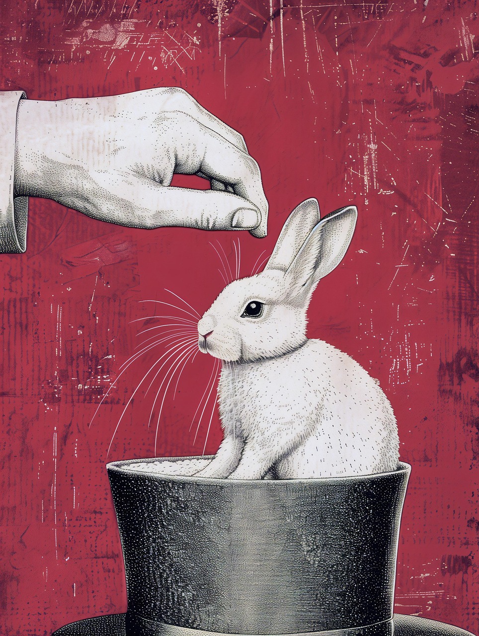 hand and rabbit, top hat, red background, black and white drawing, vintage style, magical illustration, detailed shading, classic trick, enchanting scene, rabbit emerging, hand gesture, surreal art, red and black contrast, whimsical theme, intricate details, traditional magic, magic, trick, hat, rabbit, magician, ai generated