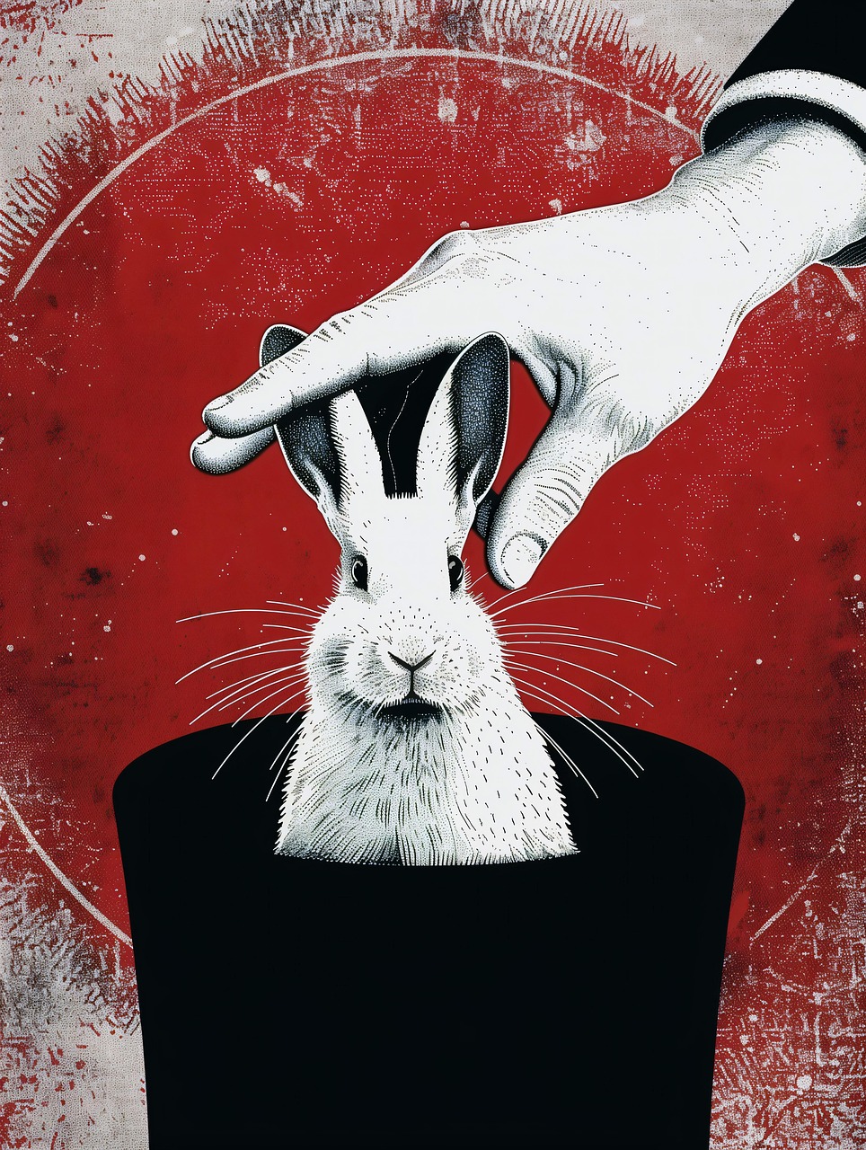 top hat, red background, black and white drawing, vintage style, detailed shading, classic trick, enchanting scene, rabbit emerging, hand gesture, surreal art, whimsical theme, intricate details, traditional magic, magic, trick, hand, rabbit, hat, magical, magician, ai generated