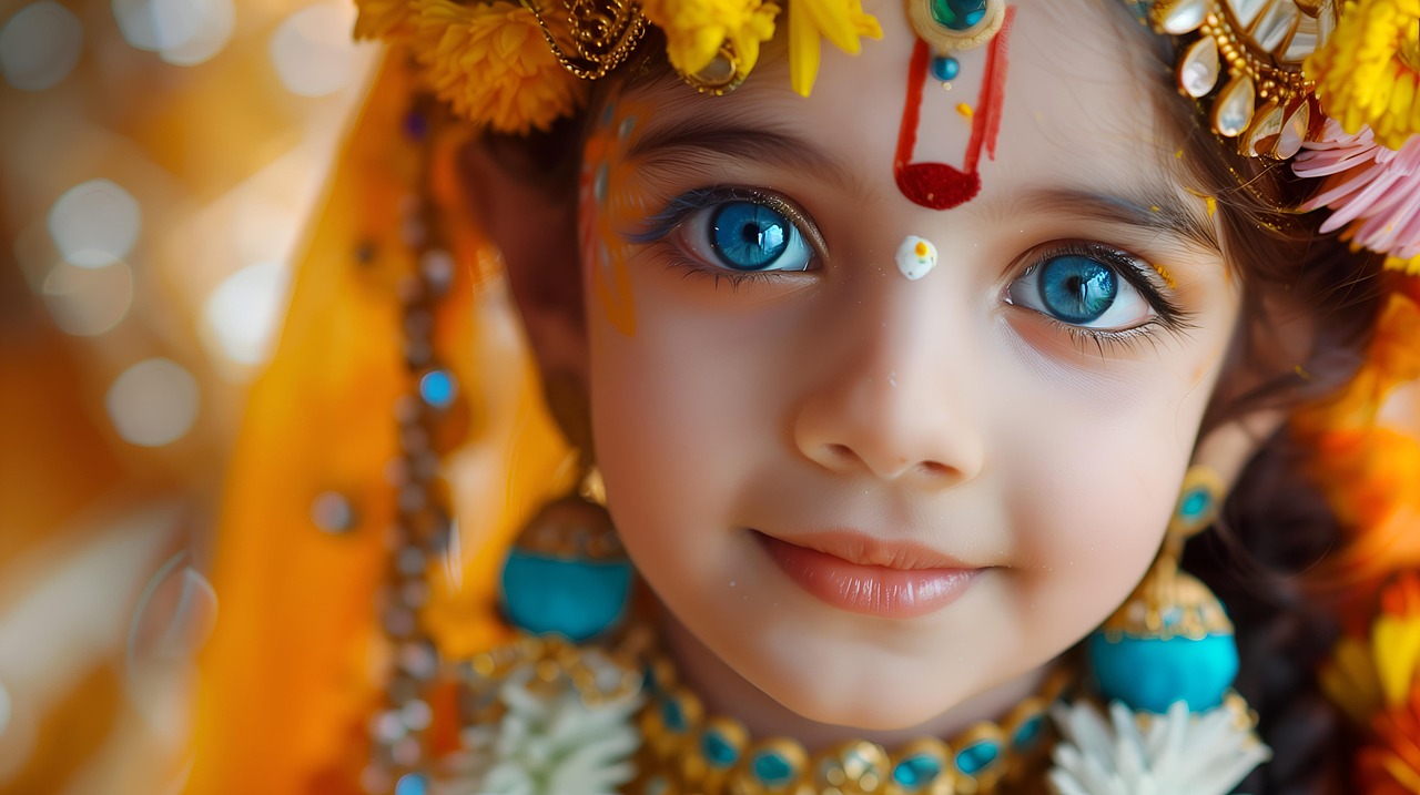 ai generiert, mädchen, radha, indisch, niedlich, hindu, vrindavan, religion, hinduismus, kultur, weiblich, diwali, festival, licht, kleid, stil, kind, pose, asiatisch, porträt