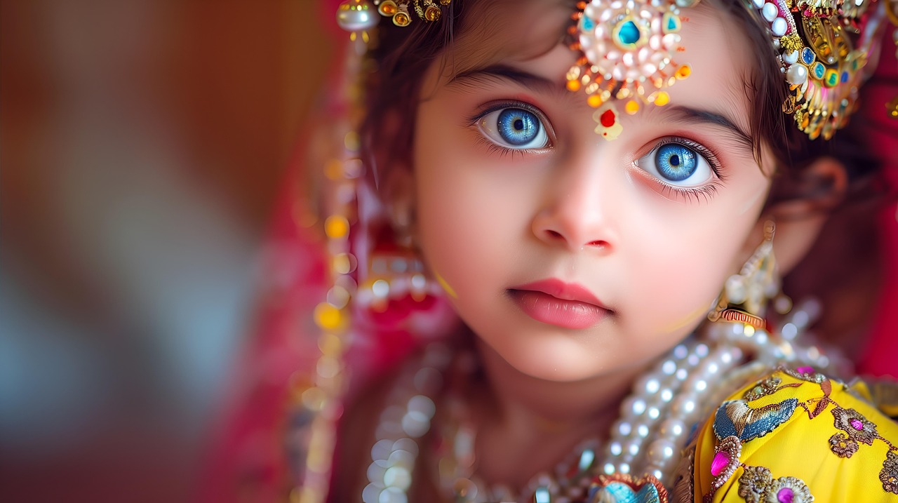 ai generiert, mädchen, radha, indisch, indien, niedlich, hindu, vrindavan, religion, hinduismus, kultur, weiblich, diwali, festival, licht, kleid, stil, kind, pose, asiatisch, porträt