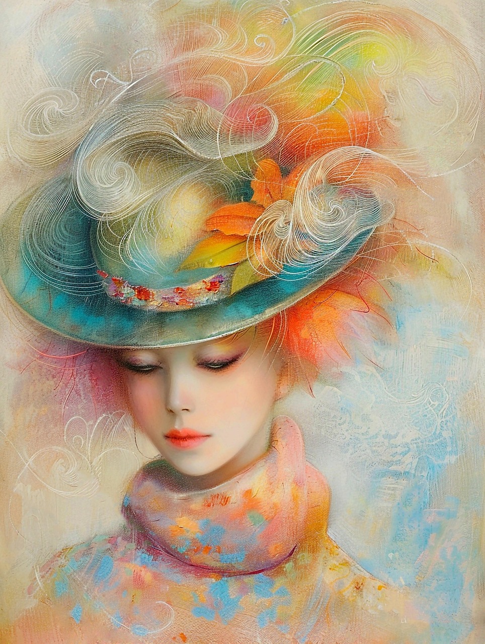 kadın, vesika, tablo, izlenimci, renkli şapka, barışçıl ifade, karmaşık desenler, canlı renkler, rüya gibi, eterik, çiçek aksan, pastel tonları, dokulu giysi, ai oluşturuldu