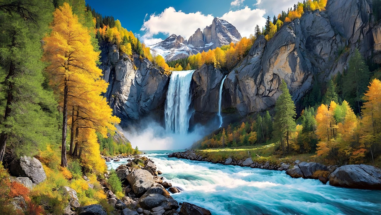 ai generated, waterfall, river, autumn, fall, landscape, nature, mountains, trees, colorful, water