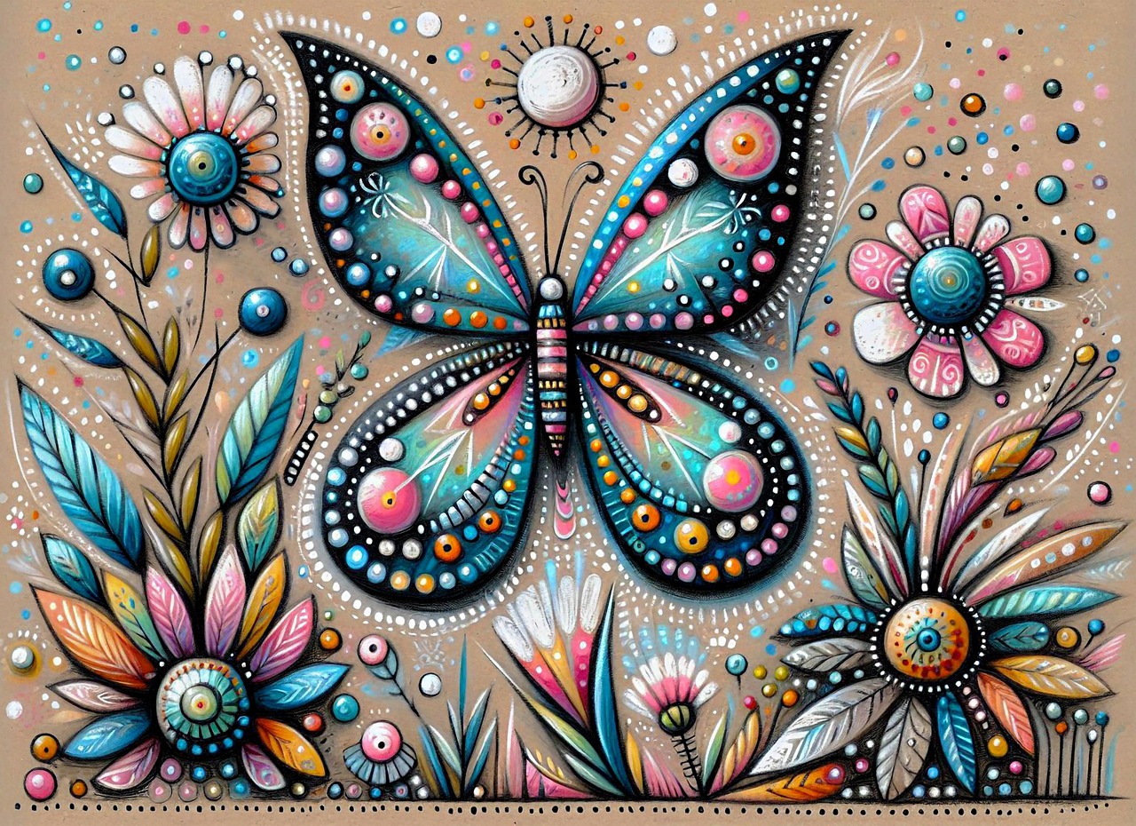 ai oluşturuldu, canlı, kelebek, stilize çiçekler, karmaşık desenler, renkli kanatlar, tuhaf sanat, geometrik şekiller, doğadan ilham alan tasarım, sanatsal illüstrasyon, mücevher benzeri görünüm, parlak renkler, neşeli ve büyülü sahne