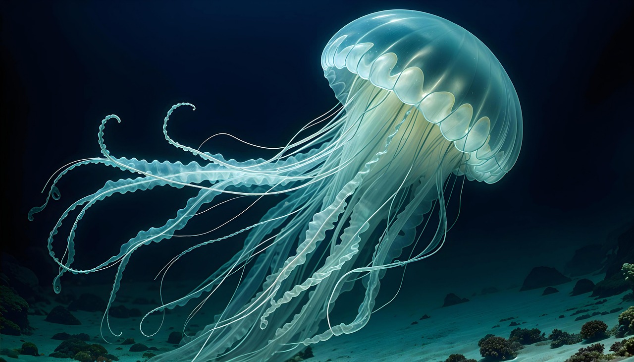 generato dall'ai, medusa, animale, sott'acqua, sottomarino, oceano, vita marina, luminoso, incandescenza, vita selvatica, natura