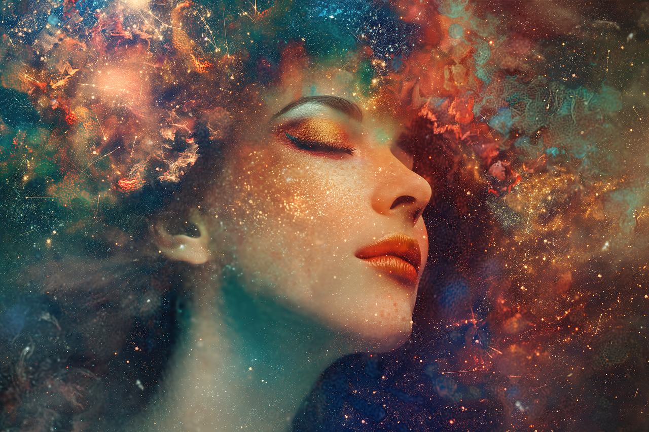 ai generated, woman, mystic, beautiful, face, galaxy, stars, universe, cosmos, spirituality, energy, galactic, magical, spiritual, higher consciousness, spiritual being, light being, starry, cosmic
