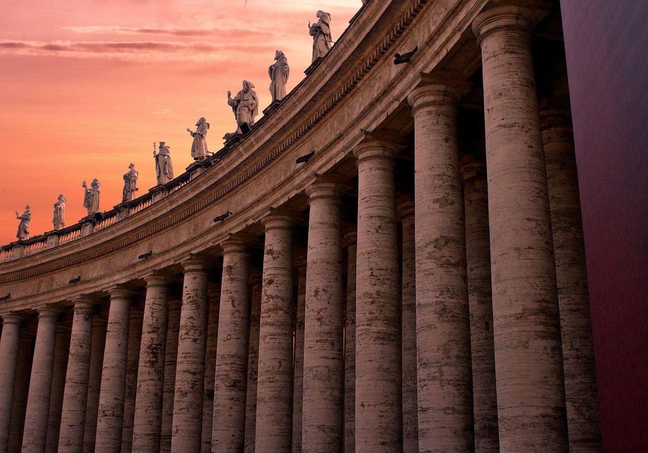 clouds, darling, time, dusk, architecture, building, facade, city, pillars, urban, perspective, corridor, structure, tourism, church, geometric, sculpture, statue, art, figure, monument, museum, vatican, nature, rome, italy