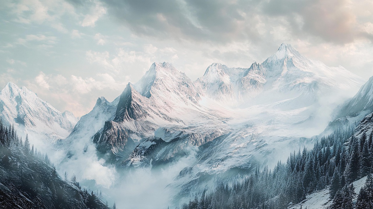ai gegenereerd, bergen, vallei, kliffen, sneeuw, pieken, panoramisch, landschap, wildernis, woud, rotsachtig, buitenshuis, reizen, majestueus, wolken, groen, toneel, zonlicht, hiking, avontuur, natuurlijke schoonheid, op afstand, hooglanden, terrein, natuur