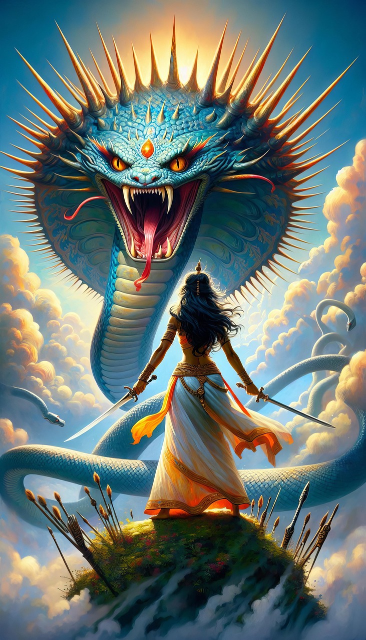ai generated, serpent, warrior, woman, durga, kali, goddess, hinduism, divine feminine, empowerment, strength, mythology, worship, festivals, navratri, shakti, spirituality, protection, symbolism, rituals