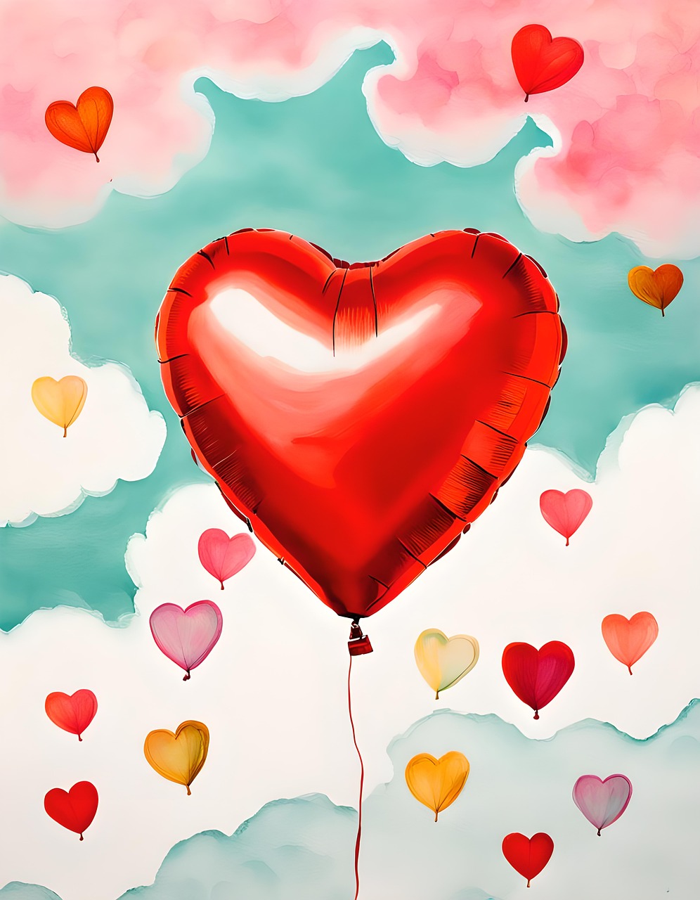 cuore, palloncino, acquerello, la pittura, carino, spazzola, cuore splendente, cuore dipinto, elio, volare, cuori dipinti, disegno del cuore, modello di cuore
