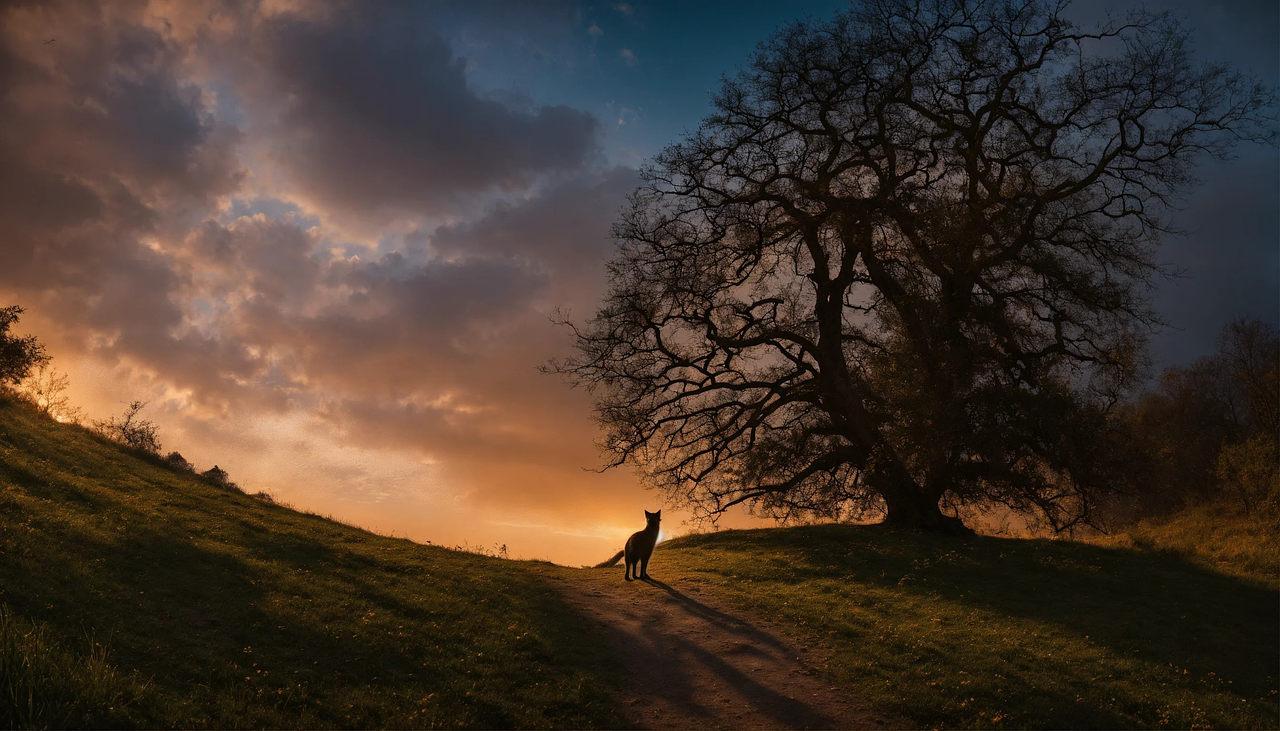 le coucher du soleil, région sauvage, chien errant, chercher, nature, survie, confus
