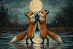 Ai generated fox dancing moon moonlight fantasy friendly happy cute kitsune red fox partners