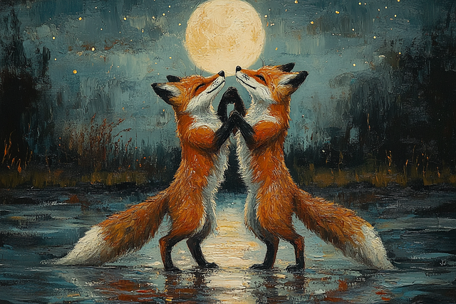 Ai generated fox dancing moon moonlight fantasy friendly happy cute kitsune red fox partners