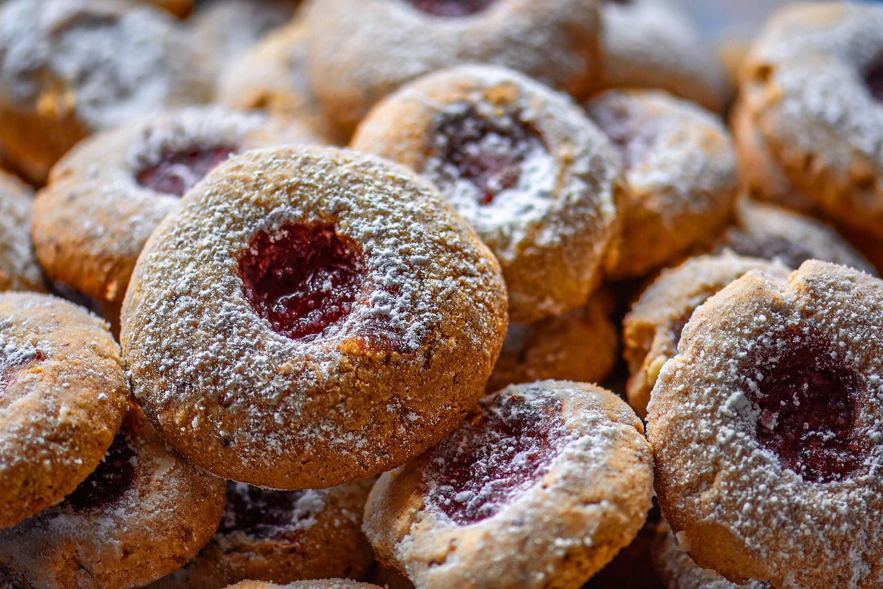 pečivo, jídlo, cukroví, dezert, pečené zboží, cookies, pečený, focení jídla, příchod, vánoce, péct, cukr, džem