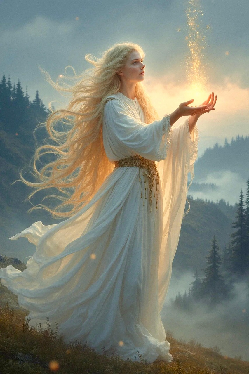 ai generated, woman, goddess, nature, deity, celestial, being, beautiful, mountain, forest, fantasy