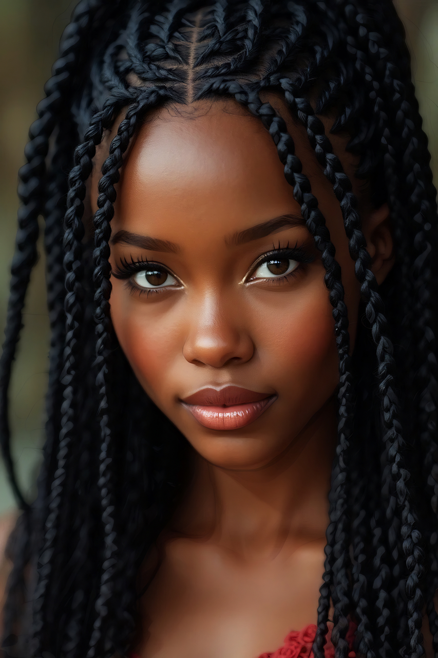 generato dall'ai, donna, modello, femmina, capelli, trecce, acconciatura, moda, ritratto, nero, africano, attraente