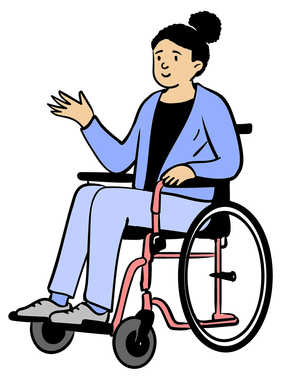 woman, wheelchair, waving, happy, girl, female, smiling, fashion, portrait, disabled, handicapped, healthcare, patient, accessibility, assistance, motivational, cartoon, cutout