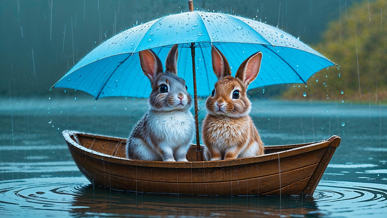 rabbits, boat, rain, wooden boat, bunnies, nature, umbrella, bad weather, lake