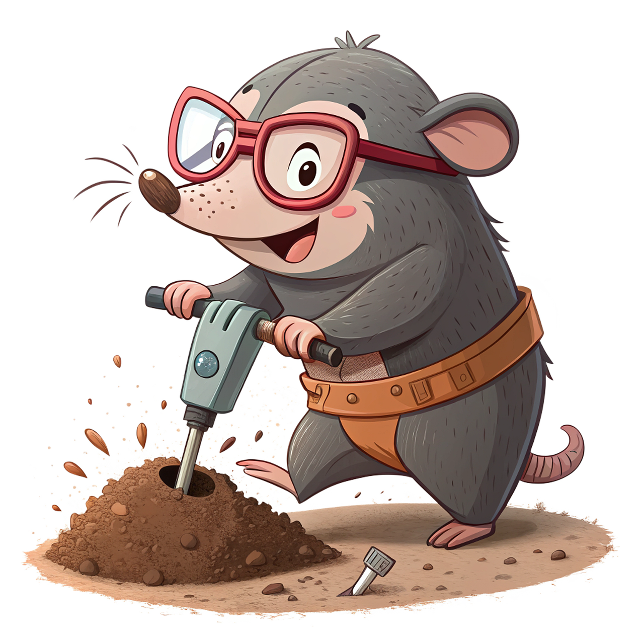 jackhammer, mole, digging, glasses, pit, cute, cartoon, ai generated, cutout