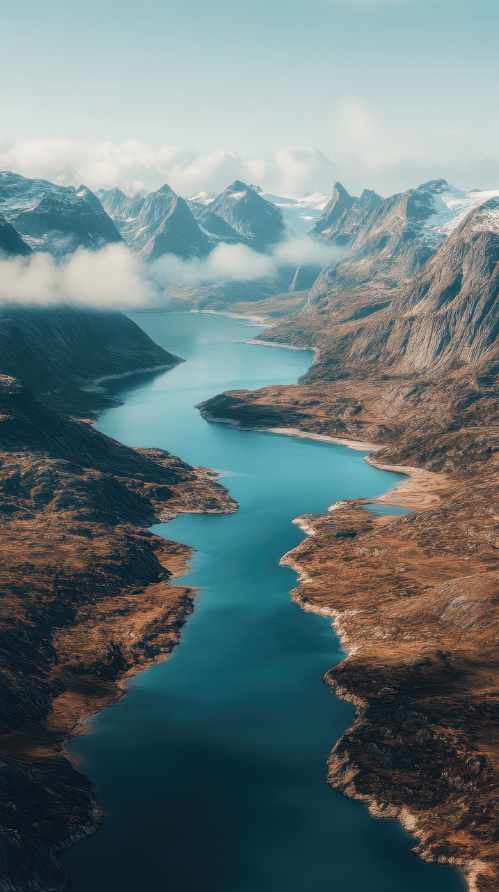 ai genereret, flod, bjerge, natur, landskab, udendørs, miljø, vinter, sø, kold, himmel, sæson, tapet, udforske, skyer, luftfoto