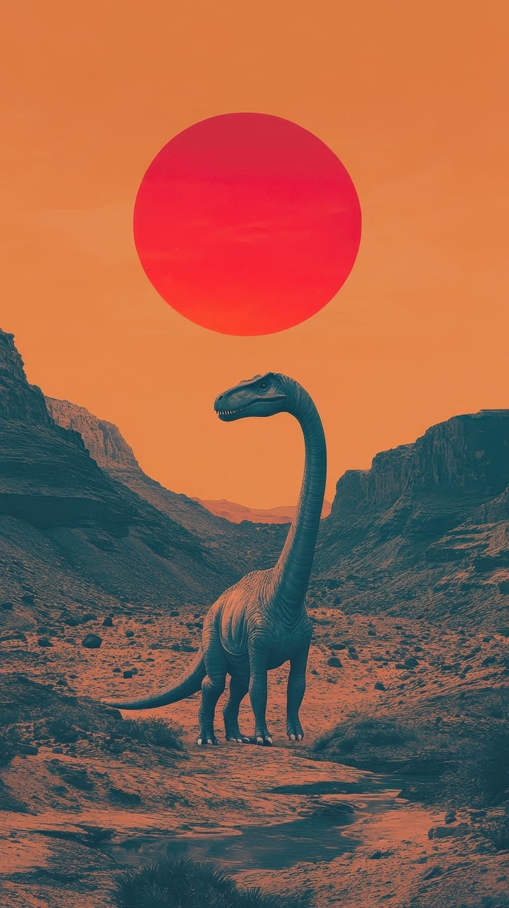 ai genererad, dinosaurie, solnedgång, himmel, landskap, förhistorisk, öken, berg, flod, natur, gammal, scen, konstnärlig, sten, dal, sol, tapet