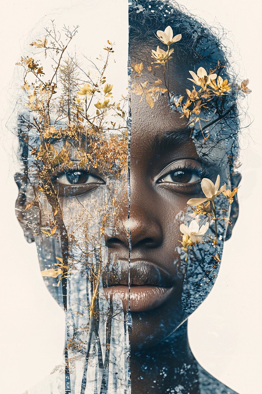 ai gerado, mulher, flores, retrato, artístico, beleza, surreal, rosto, natureza, fechar-se, sonhadores, floral, pastel, estético, moda, elegante, moderno, abstract, fantasia, feminino, pele, maquiagem, criativo, arte
