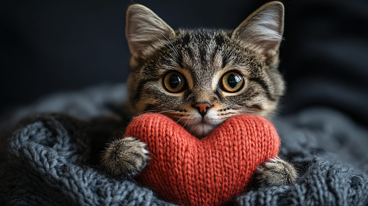 ai generado, gato, animal, gatito, mamífero, felino, doméstico, mascota, naturaleza, corazón, amor, linda, acogedor, peludo, adorable, patas, abrazo, de punto, enamorado, esponjoso, afecto