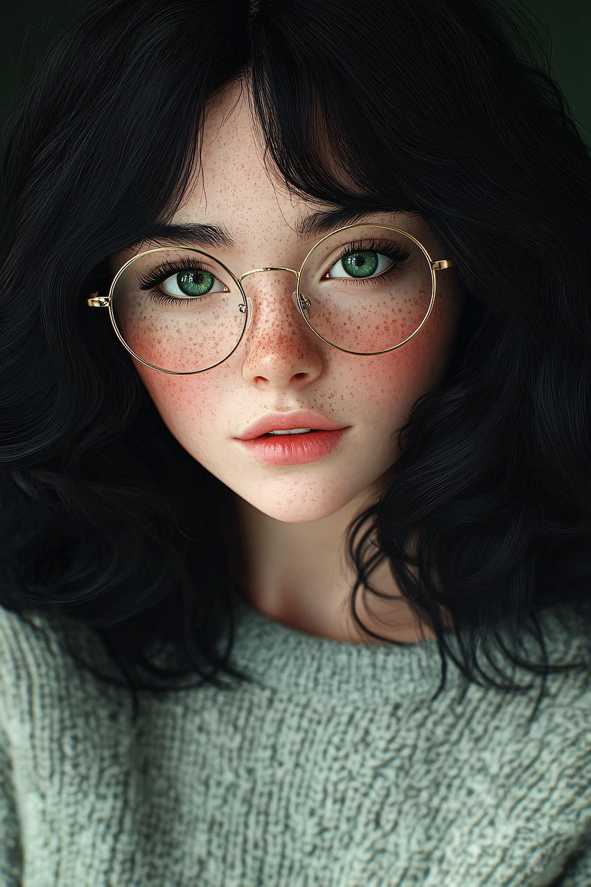 ai gerado, mulher, retrato, óculos, beleza, rosto, fechar-se, sardas, agasalho, moda, à moda, suave, delicado, natural, jovem, expressão, detalhado, estético, elegância, sereno, sonhadores, artístico