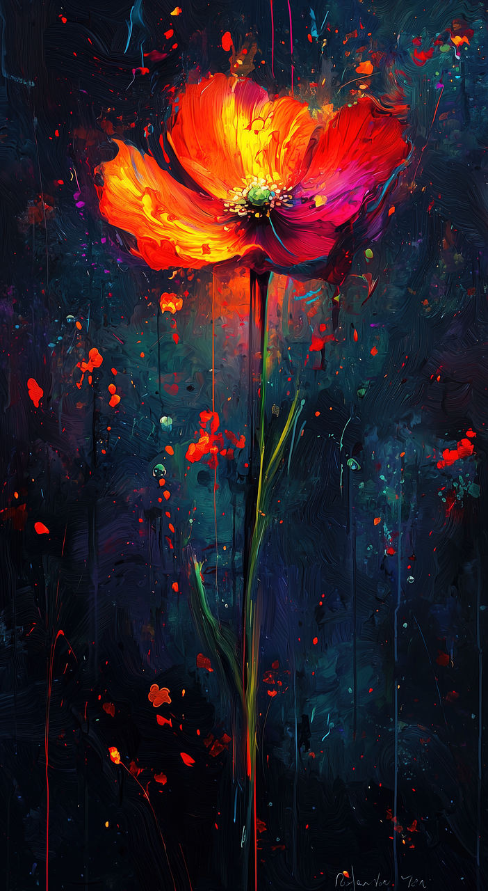 λουλούδι, ζωγραφική, πιτσυλίζω, πολύχρωμα, floral art, σύγχρονη τέχνη, ζωηρός, εκφραστικές πινελιές, φύση, ψηφιακή τέχνη, σύγχρονο λουλουδάτο, ζωγραφική σε σκούρο φόντο, ιμπρεσιονιστικό στυλ, καλλιτεχνικό πιτσιλίσματα, ανθισμένη ομορφιά, fine art, ονειρική σύνθεση, ψυχεδελική τέχνη, συναισθηματική έκφραση, εφέ ζωγραφικής, κοσμική άνθιση, δημιουργήθηκε ai