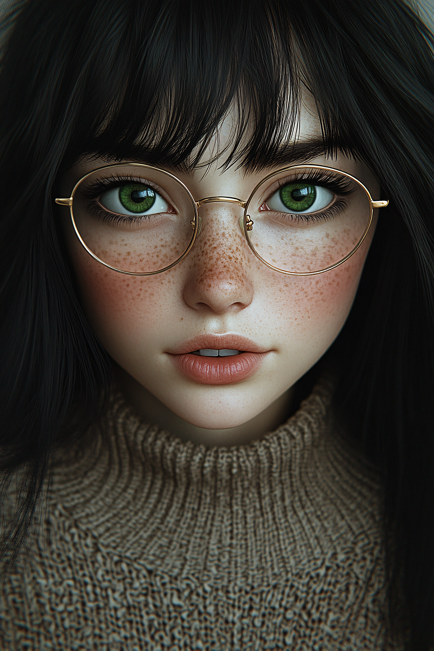 ai gerado, mulher, retrato, óculos, beleza, rosto, fechar-se, sardas, agasalho, moda, à moda, suave, delicado, natural, jovem, expressão, detalhado, estético, elegância, sereno, sonhadores, artístico