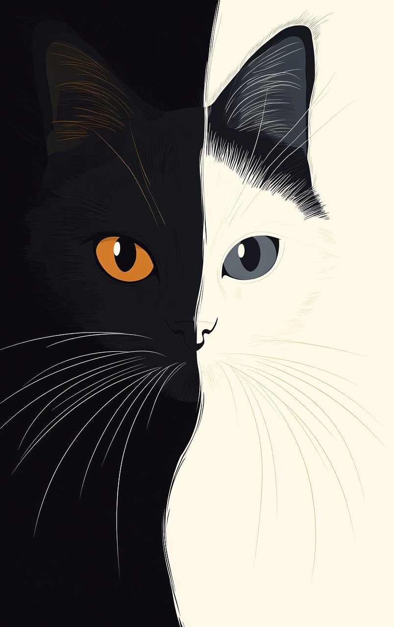 ai gegenereerd, kat, zwart, wit, dier, huisdieren, katachtig, huiselijk, minimalistisch, ontwerp, kunst, tekening, abstract, schattig, huisdier, harige, bakkebaarden, portret, contrast, elegant, modern, natuur, stijlvol