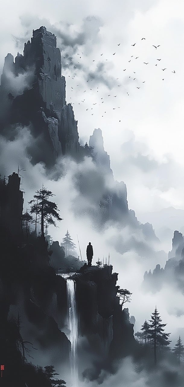 ai generado, montaña, silueta, bosque, niebla, naturaleza, vista, nubes, árboles, neblinoso, sombra, antecedentes, fondo de pantalla