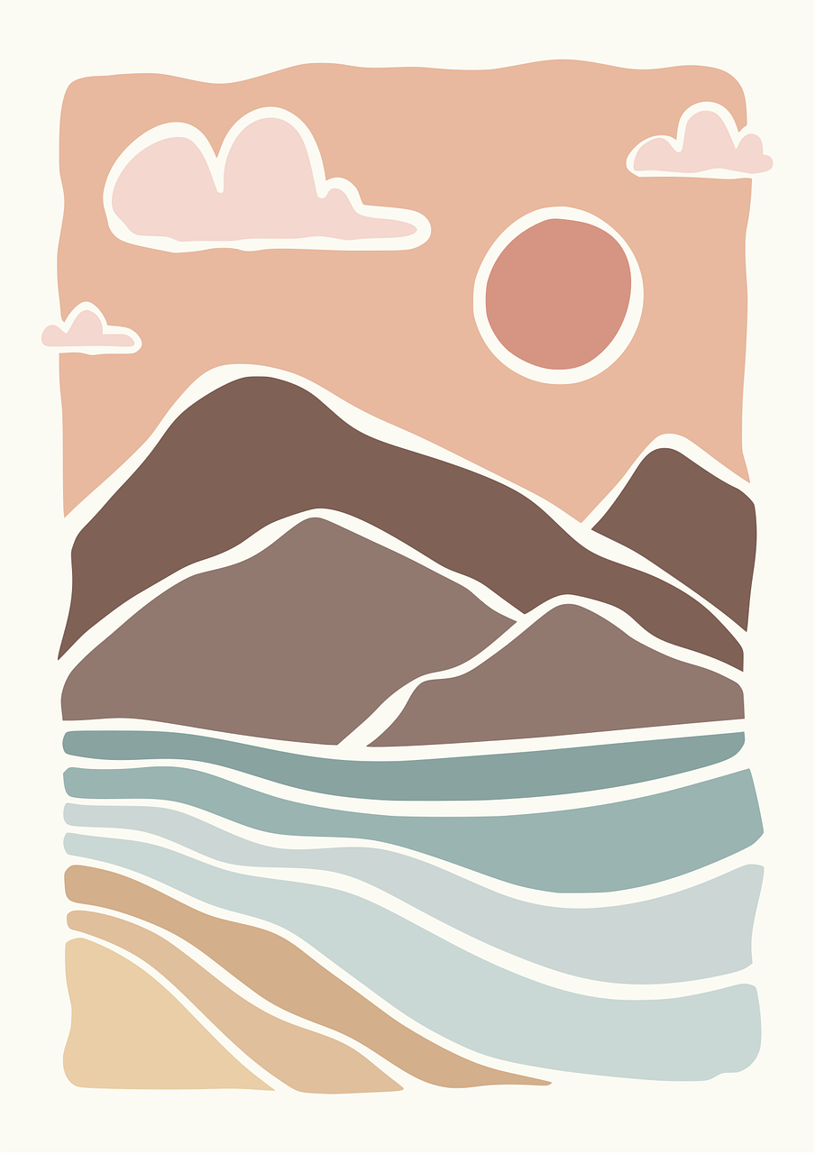 bjerg, hav, smukt tapet, form, sommer, sol, solnedgang, struktur, tapet, abstrakt, kunst, baggrund, strand, farve, farverig, moderne, indretning, design, grafisk, landskab, natur, ocean, økologisk
