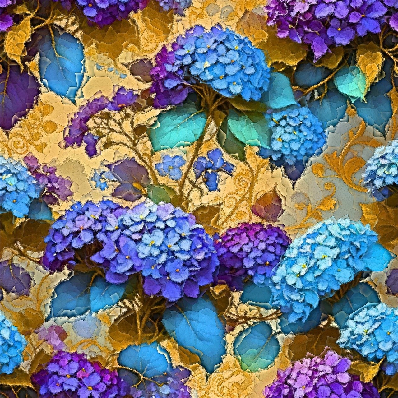 hydrangeas, flowers, bloom, blossom, flora, blue, petals, plant, garden, purple, floral background, summer, spring, mosaic, geometric, pattern, texture, colorful, design, decorative, wallpaper, nature