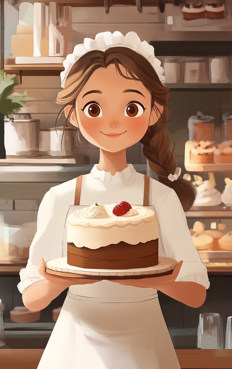 ai gegenereerd, bakker, taart, bakkerij, gebakje, toetje, jong, lachend, keuken, koken, eigengemaakt, chef, zoet, heerlijk, vrolijk, bakken, winkel, op te slaan, chocola, ambachtsman, banketbakkerij, eten, vriendelijk