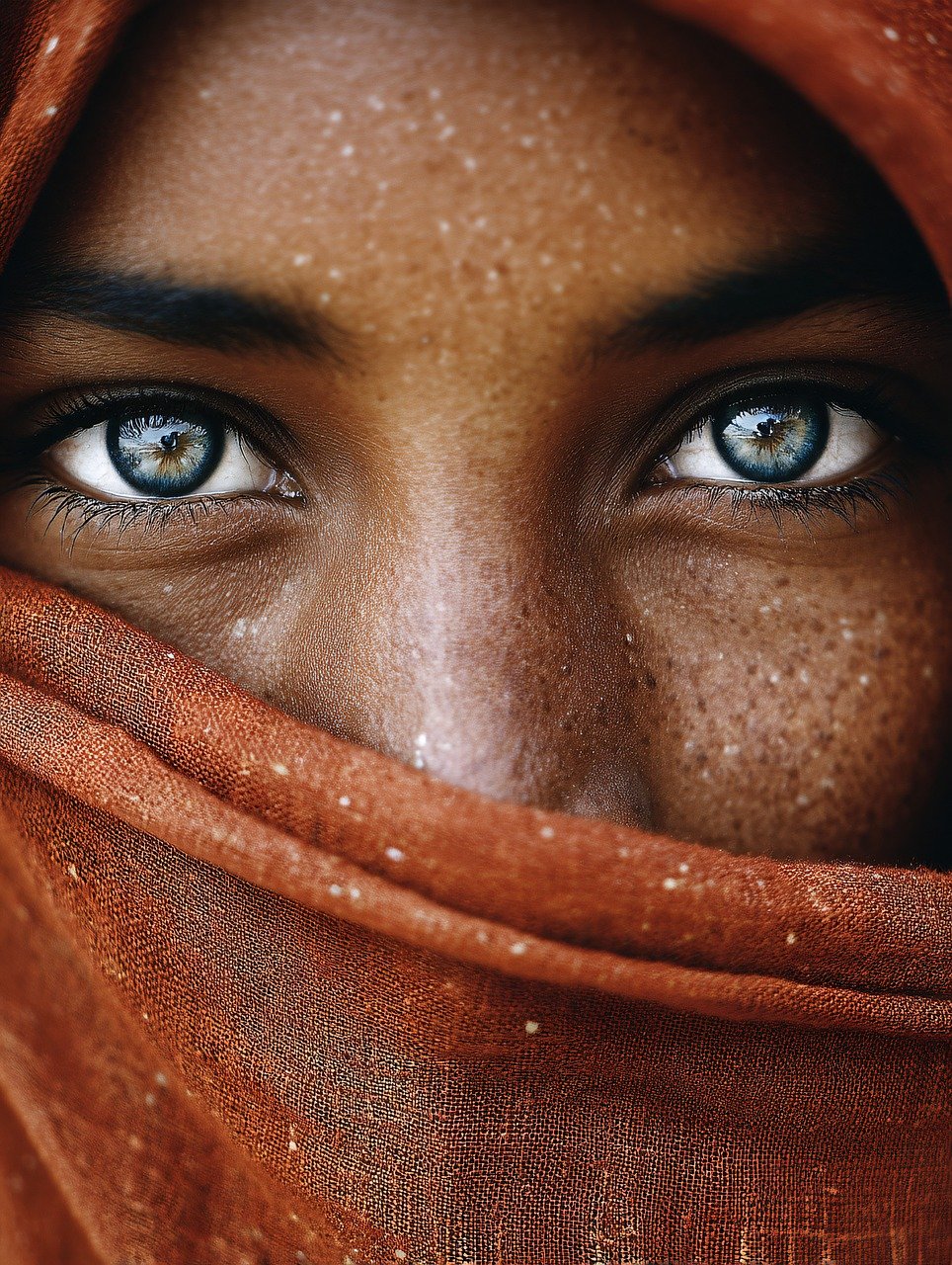 ai gerado, filho, olhos, rosto, cachecol, fechar-se, emoção, tecido, beleza, jovem, expressão, olhar, textura, pessoas, inocência, confecções, tradicional, identidade, pele, cultura, sardas, profundidade, suave, retrato