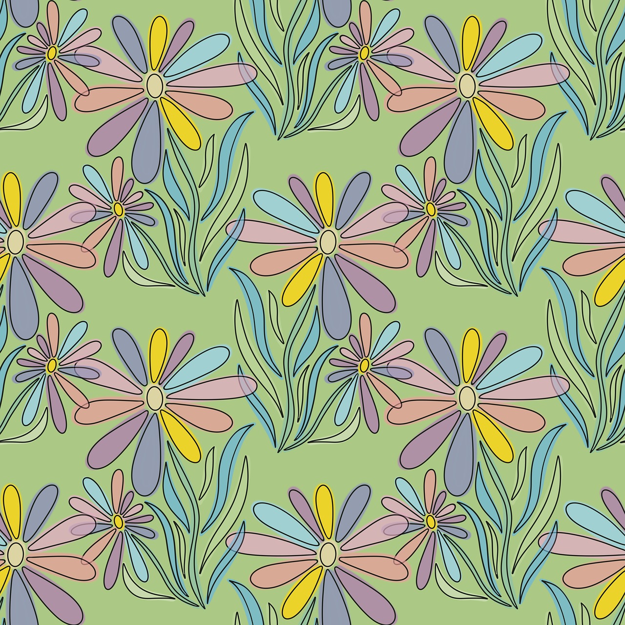 virágok, virágzás, növényvilág, természet, absztrakt, művészet, háttér, ismétlés, minta, nyomtatás, textil, színezett, jegyek, penge, származik, zöld, pasztell, színek, fekete, vonal, rajz, grafikai tervezés, ólomüveg