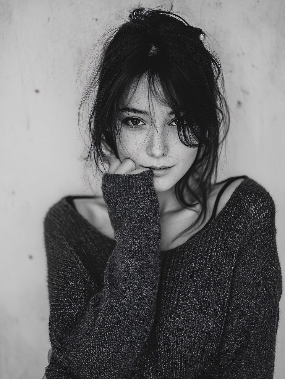 generato dall'ai, donna, faccia, mano, emozione, bellezza, premuroso, morbido, espressione, monocromo, modello, avvicinamento, femmina, serio, occhi, struttura, elegante, calmatevi, tristezza, leggero, umore, classico, ritratto