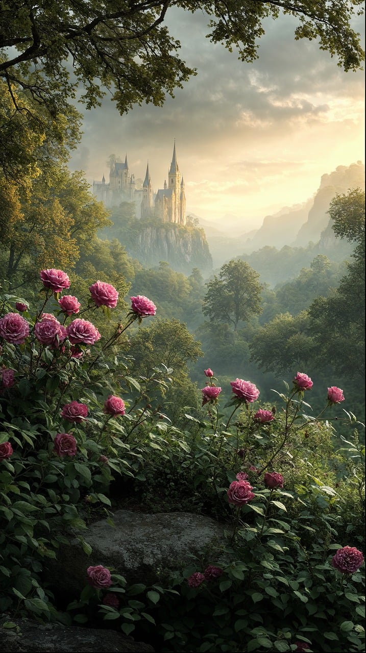 ai generiert, schloss, berge, rosen, hintergrund, landschaft, natur