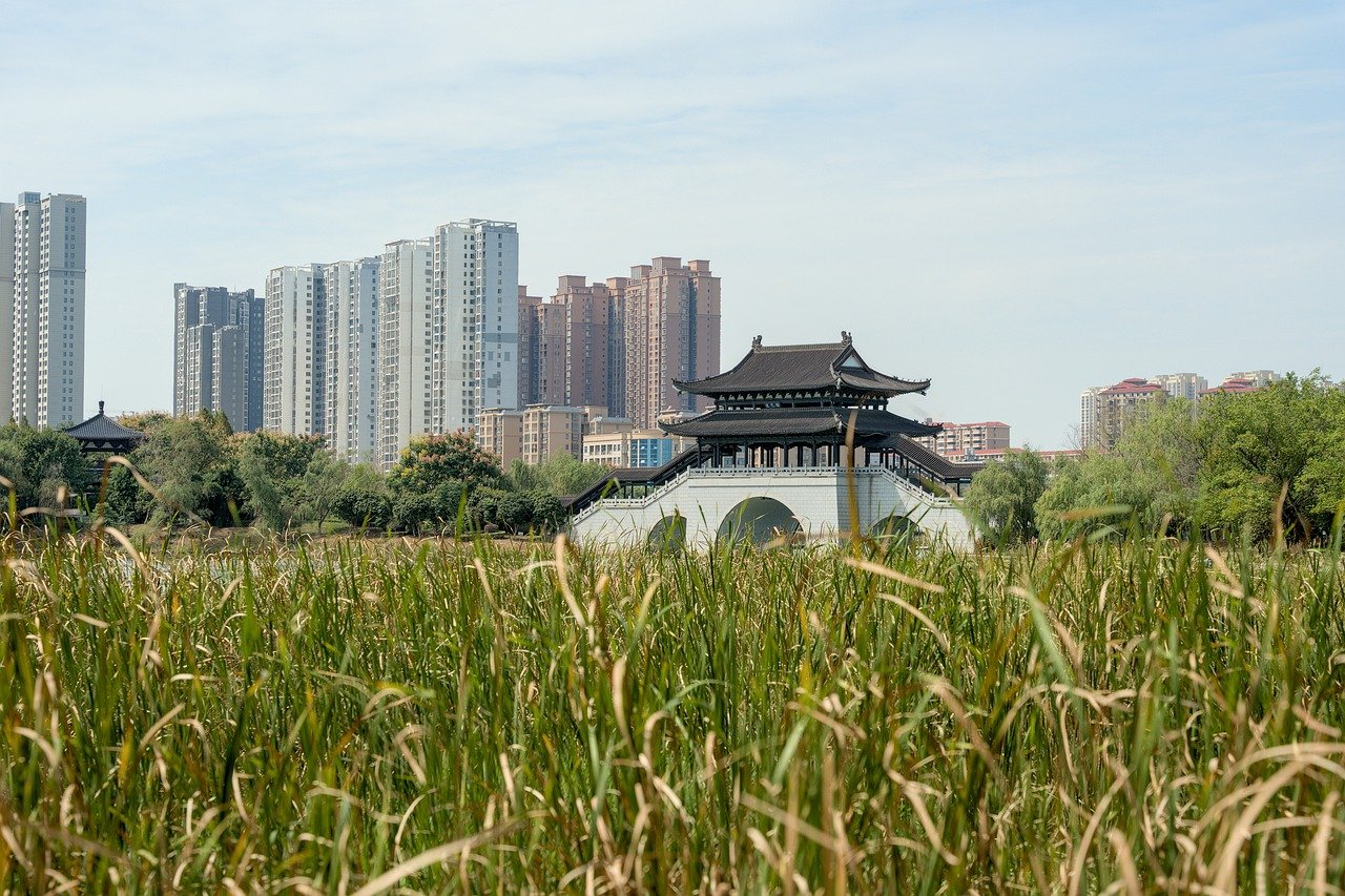asia, china, xiangtan, peisaj, scenic, orizont, oraș, urban, clădire, arhitectură, peisaj urban, în aer liber, parc, natură, grădină, pod, lac, iarbă, frunze, verde, contrast, zgârie-nori, istoric, vechi, poveste