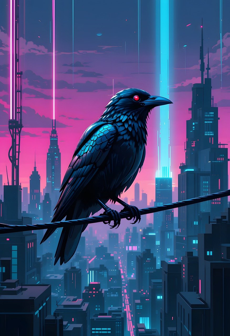 ai generované, vrána, pták, pixelové umění, pixel, umění, příroda, zvíře, kybernetický, kabel, neon, soumrak